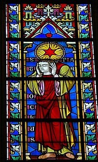 St. Patroklus von Troyes, Fenster in der Basilique Saint-Urbain, Troyes, Champagne-Ardenne, Frankreich.